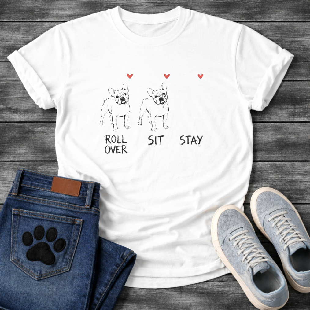 French Bulldog sketch illustration trio with Roll Over Sit Stay commands and red hearts graphic tee

