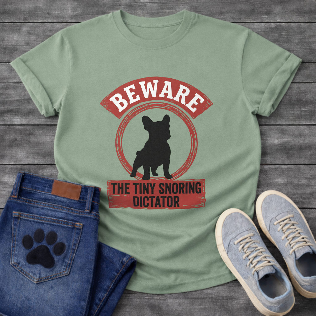 Beware Tiny Snoring Dictator French Bulldog vintage sign t-shirt military green funny dog shirt