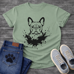 French Bulldog ink splash t-shirt - bold black ink splatter dignified Frenchie portrait emerging from ink explosion tee