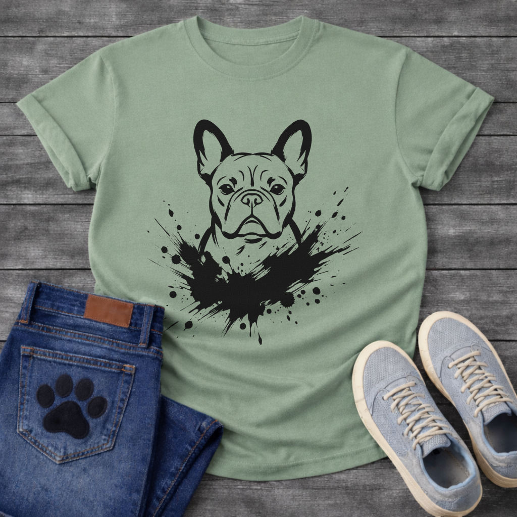 French Bulldog ink splash t-shirt - bold black ink splatter dignified Frenchie portrait emerging from ink explosion tee