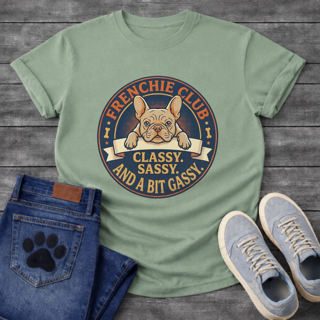 Frenchie Club Classy Sassy Bit Gassy full color fawn badge t-shirt funny French Bulldog shirt