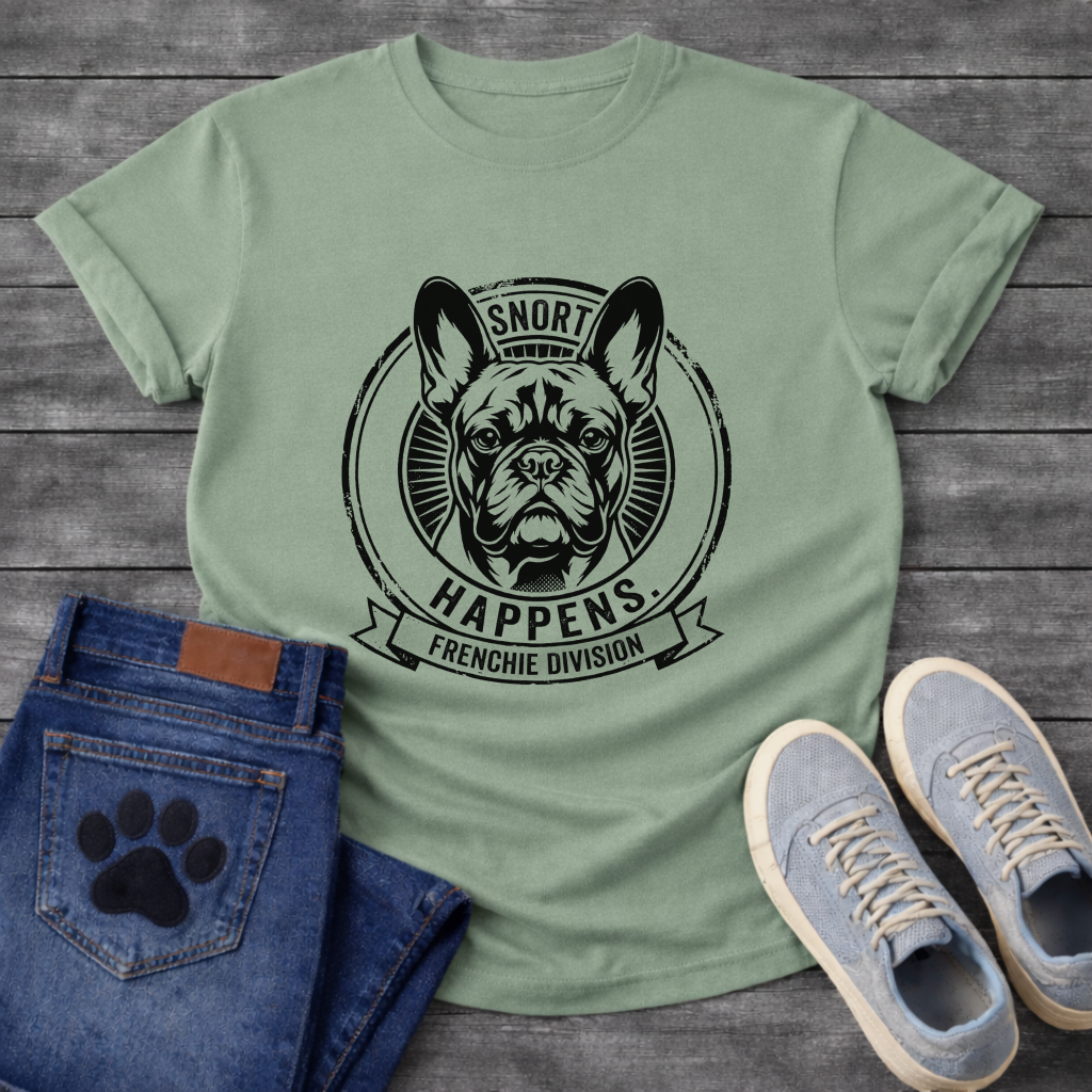 Snort Happens Frenchie Division stamp graphic natural t-shirt funny French Bulldog shirt