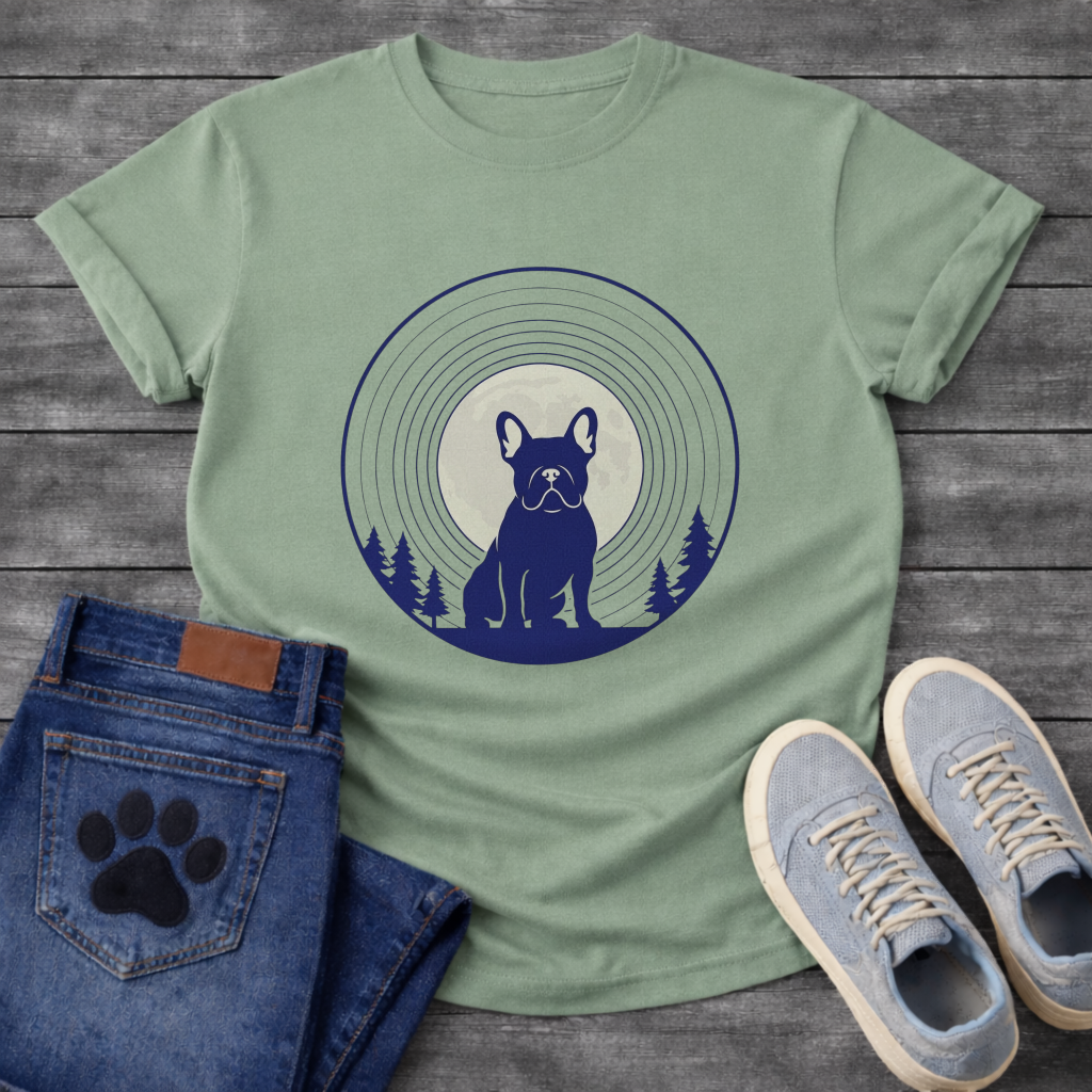 French Bulldog silhouette seated in front of a full moon with concentric rings and pine trees, navy and cream circular badge graphic tee