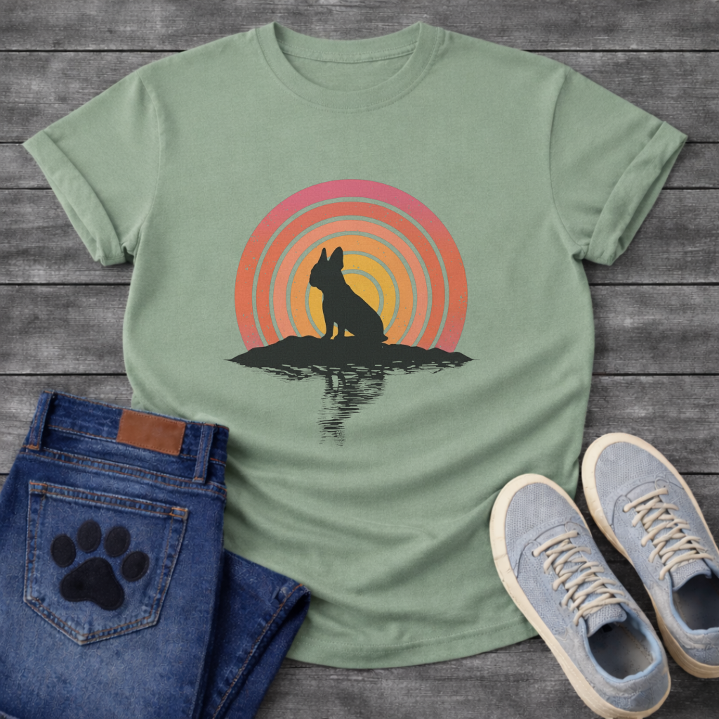 Frenchie silhouette retro concentric sunset reflection t-shirt white pet lover apparel dog lover gift