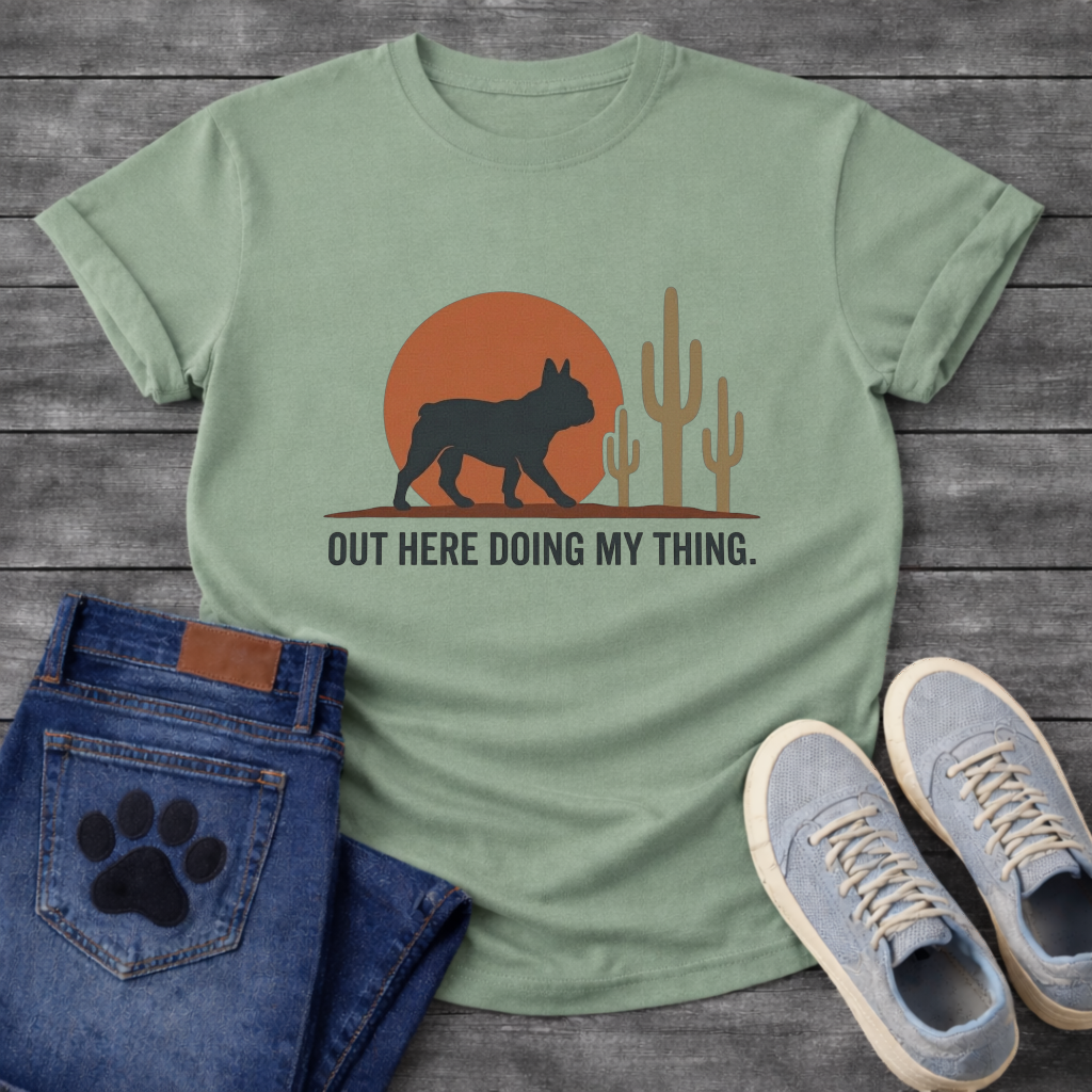 Out Here Doing My Thing French Bulldog desert sunset t-shirt sage pet lover apparel