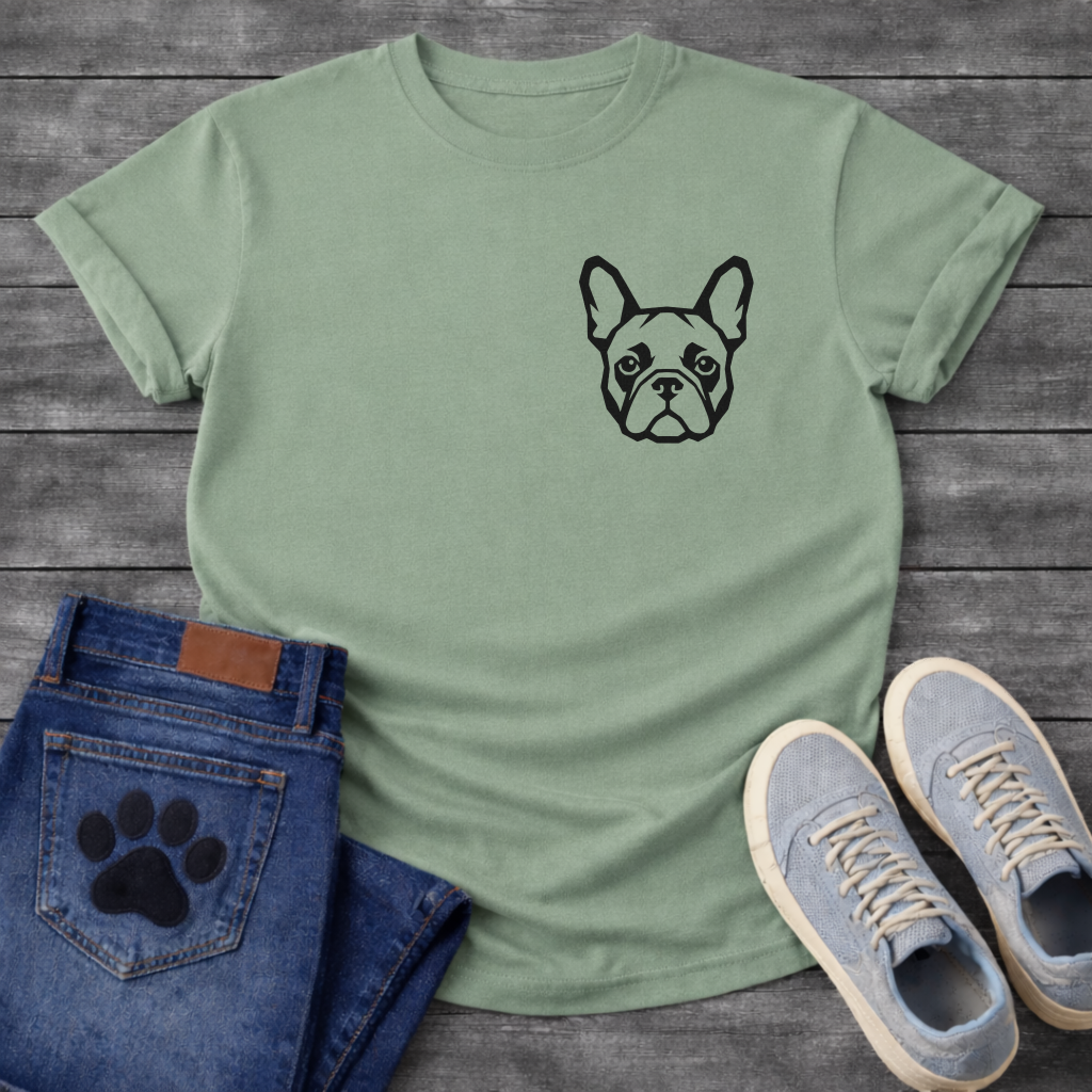 Bold Frenchie chest logo t-shirt white French Bulldog bat ears pet lover apparel