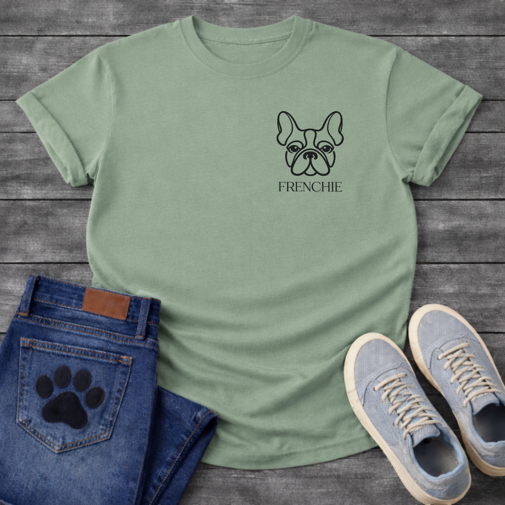 Frenchie face line art pocket t-shirt dark heather French Bulldog pet lover apparel