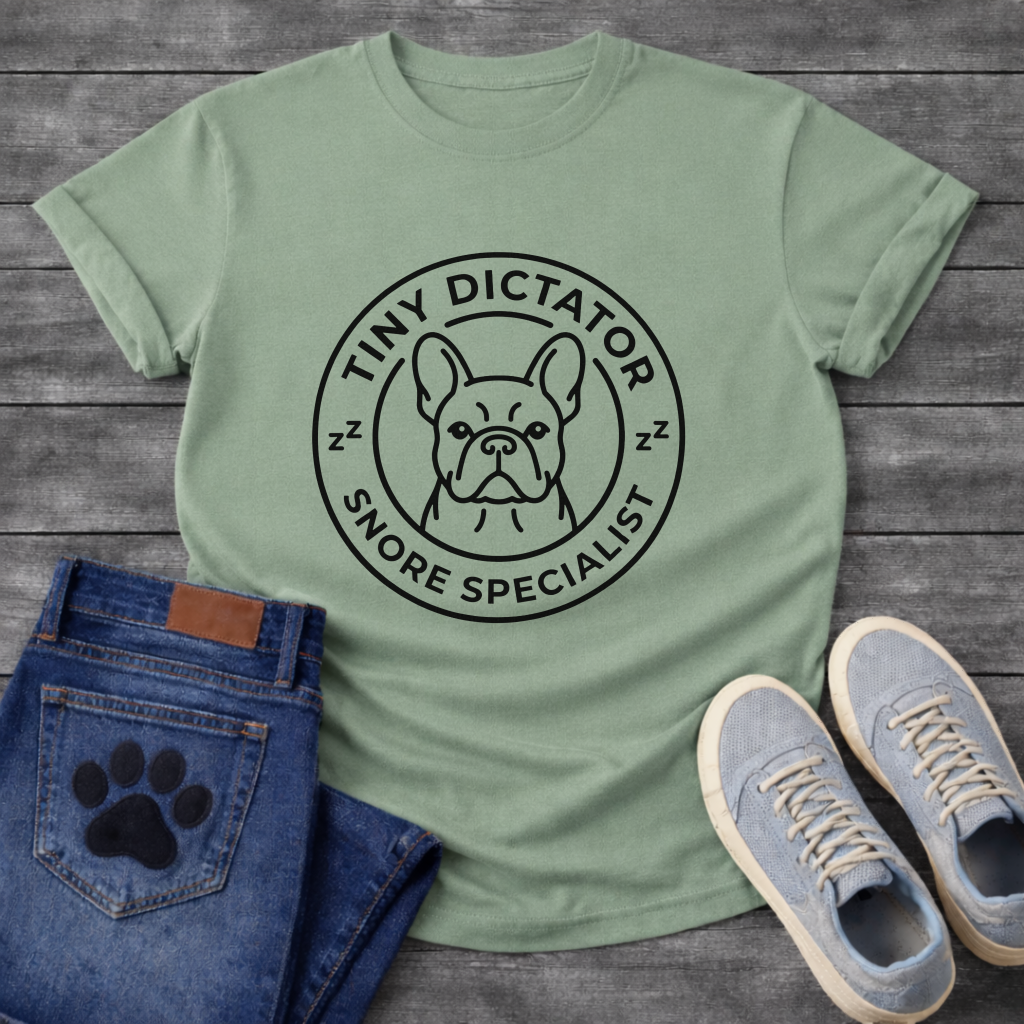 Tiny Dictator Snore Specialist French Bulldog circle badge t-shirt white funny dog shirt