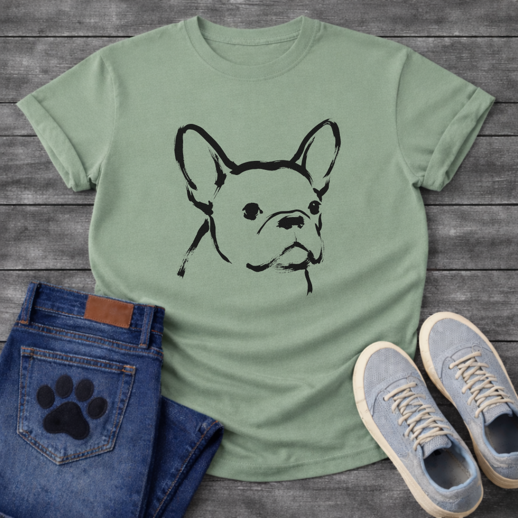Japanese Sumi-e brush art French Bulldog t-shirt - bold black ink gestural Frenchie portrait tee