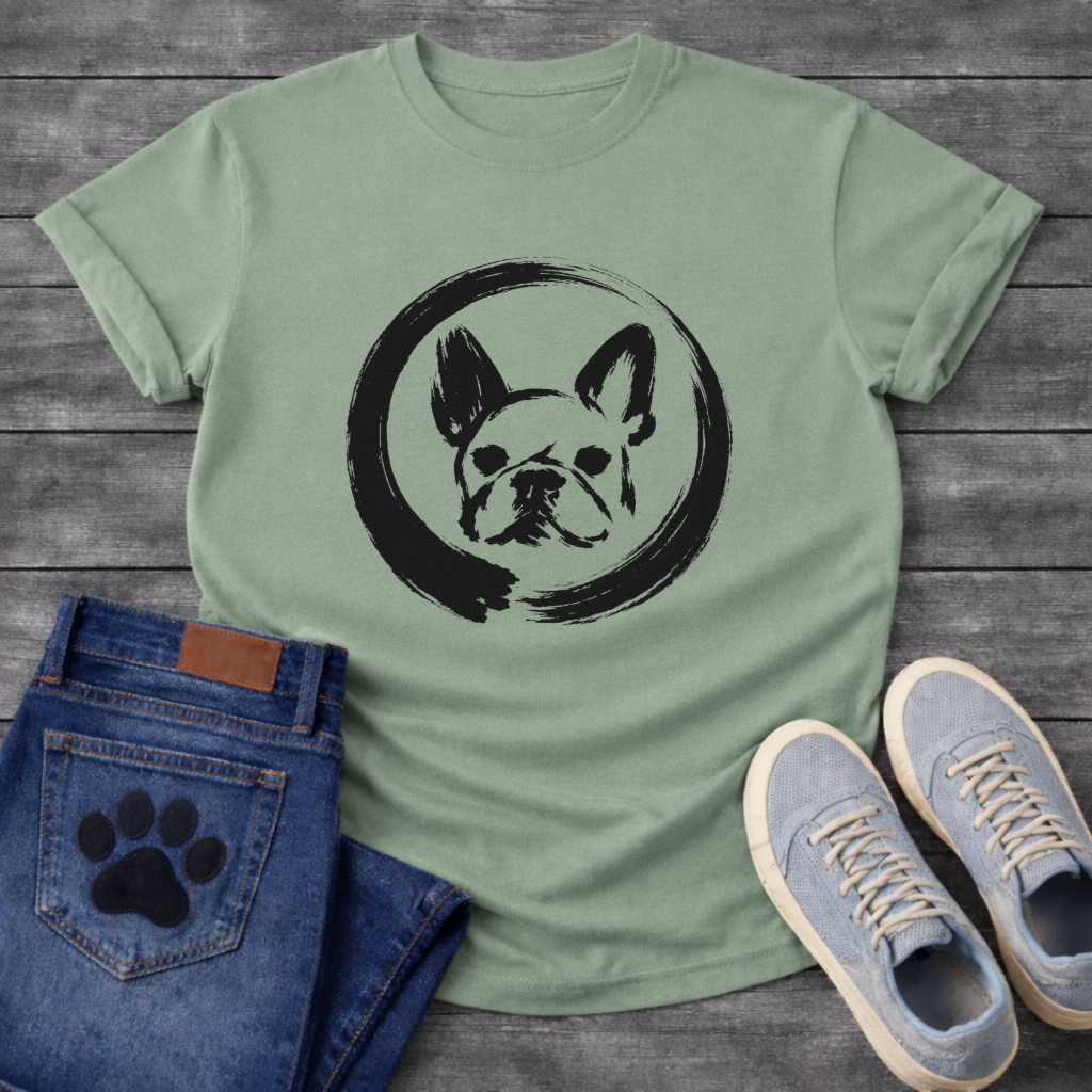 Japanese Sumi-e enso French Bulldog t-shirt - black ink brush art Frenchie portrait in enso circle on natural tee
