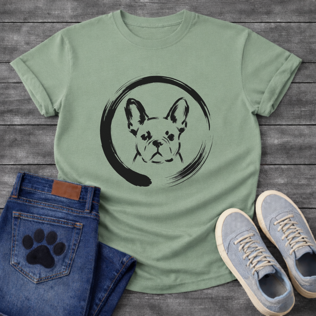 Japanese Sumi-e enso French Bulldog t-shirt - black ink brush art Frenchie portrait in enso circle on natural tee