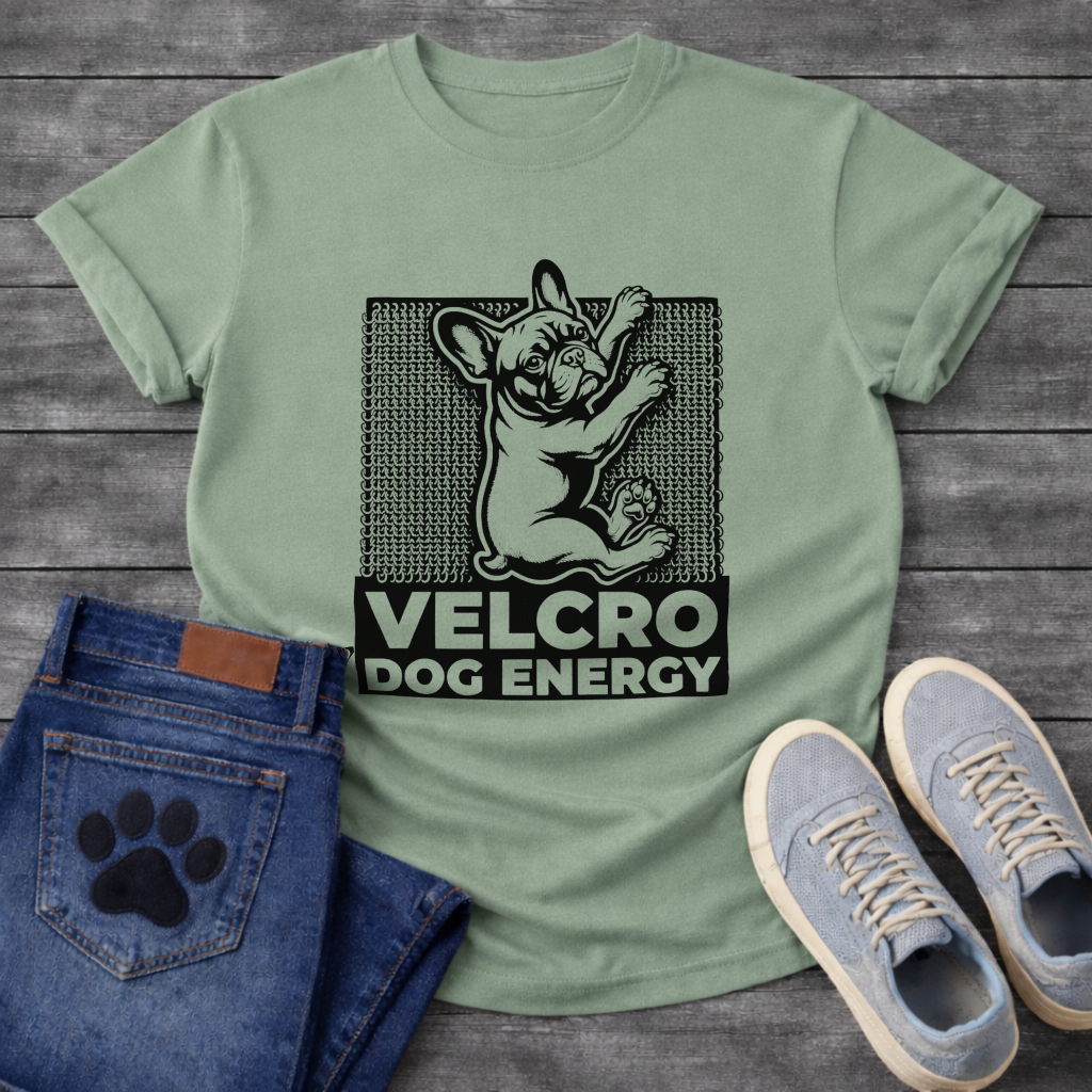 Velcro Dog Energy French Bulldog clinging graphic t-shirt funny dog shirt