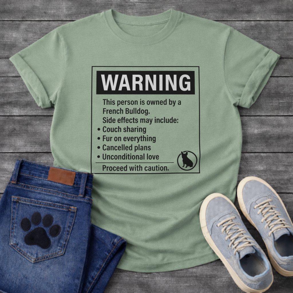 French Bulldog warning label funny t-shirt with Frenchie silhouette
