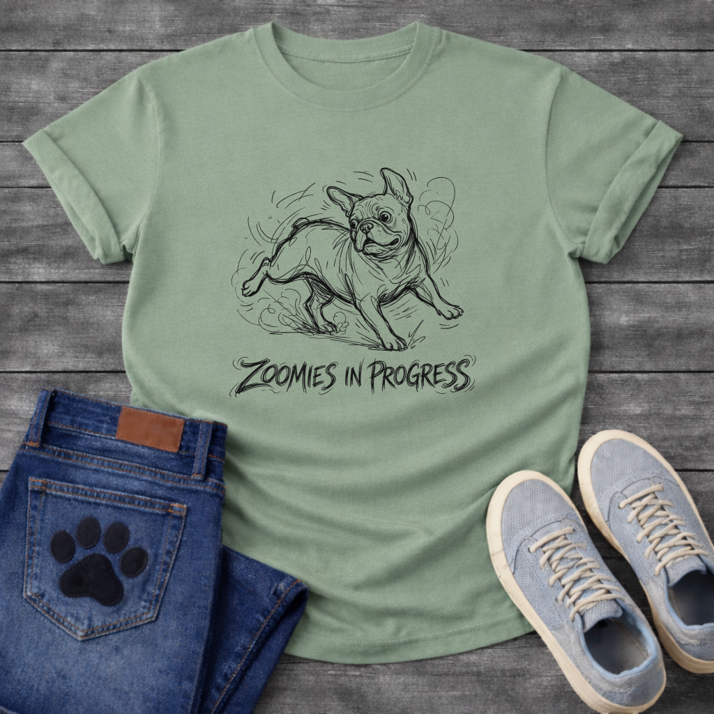 Zoomies in Progress French Bulldog sketch t-shirt - 
energetic Frenchie mid-zoomie graphic tee black ink