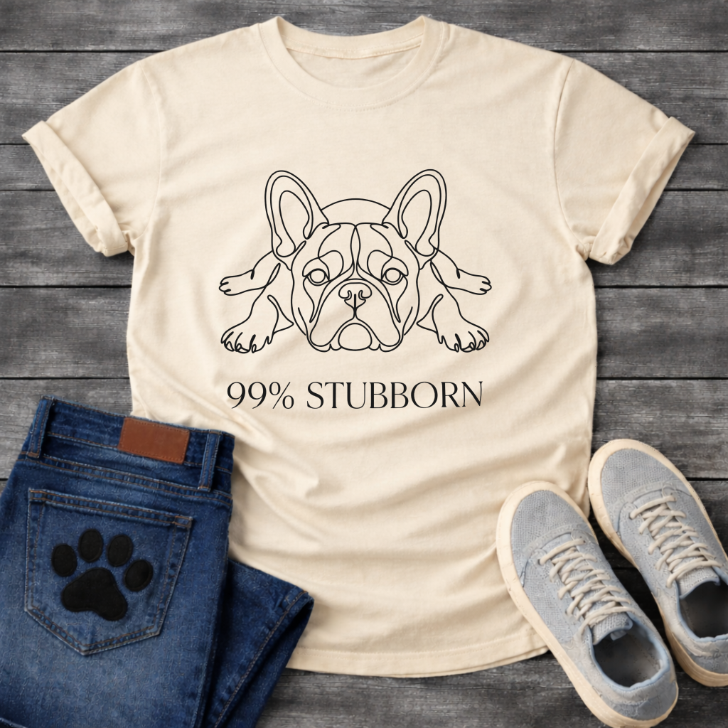 French Bulldog stubborn flat lay continuous line art t-shirt - 
Frenchie chin down paws forward 99% Stubborn graphic tee