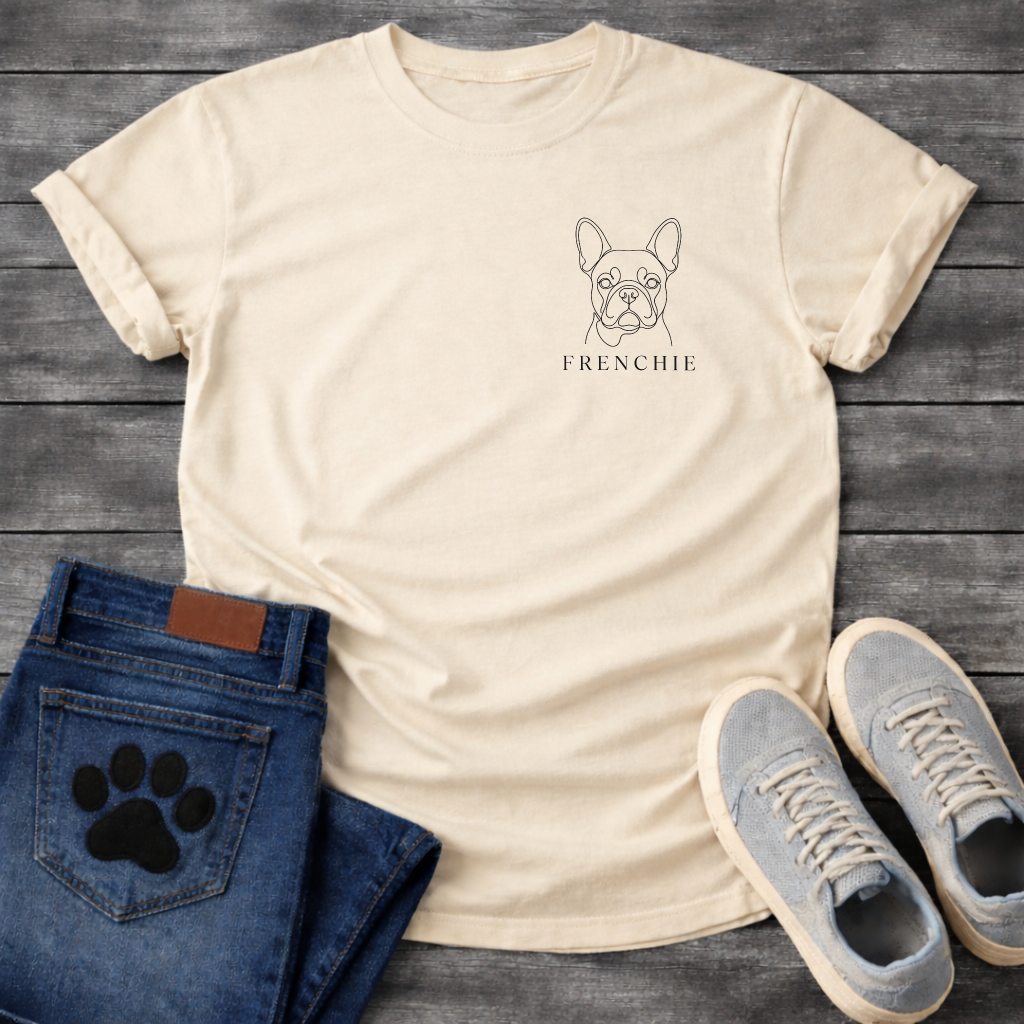 Minimalist continuous line art French Bulldog portrait t-shirt - 
black line drawing on white tee with Frenchie serif text