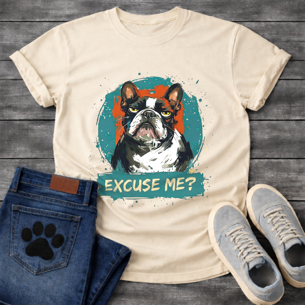 Excuse Me bold painterly French Bulldog graphic t-shirt natural teal orange funny dog shirt