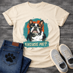 Excuse Me bold painterly French Bulldog graphic t-shirt natural teal orange funny dog shirt