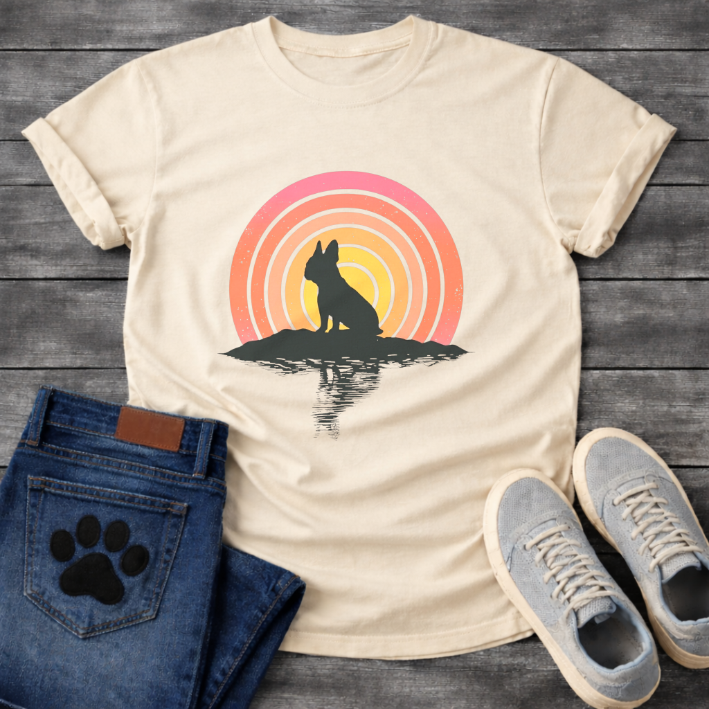 Frenchie silhouette retro concentric sunset reflection t-shirt white pet lover apparel dog lover gift