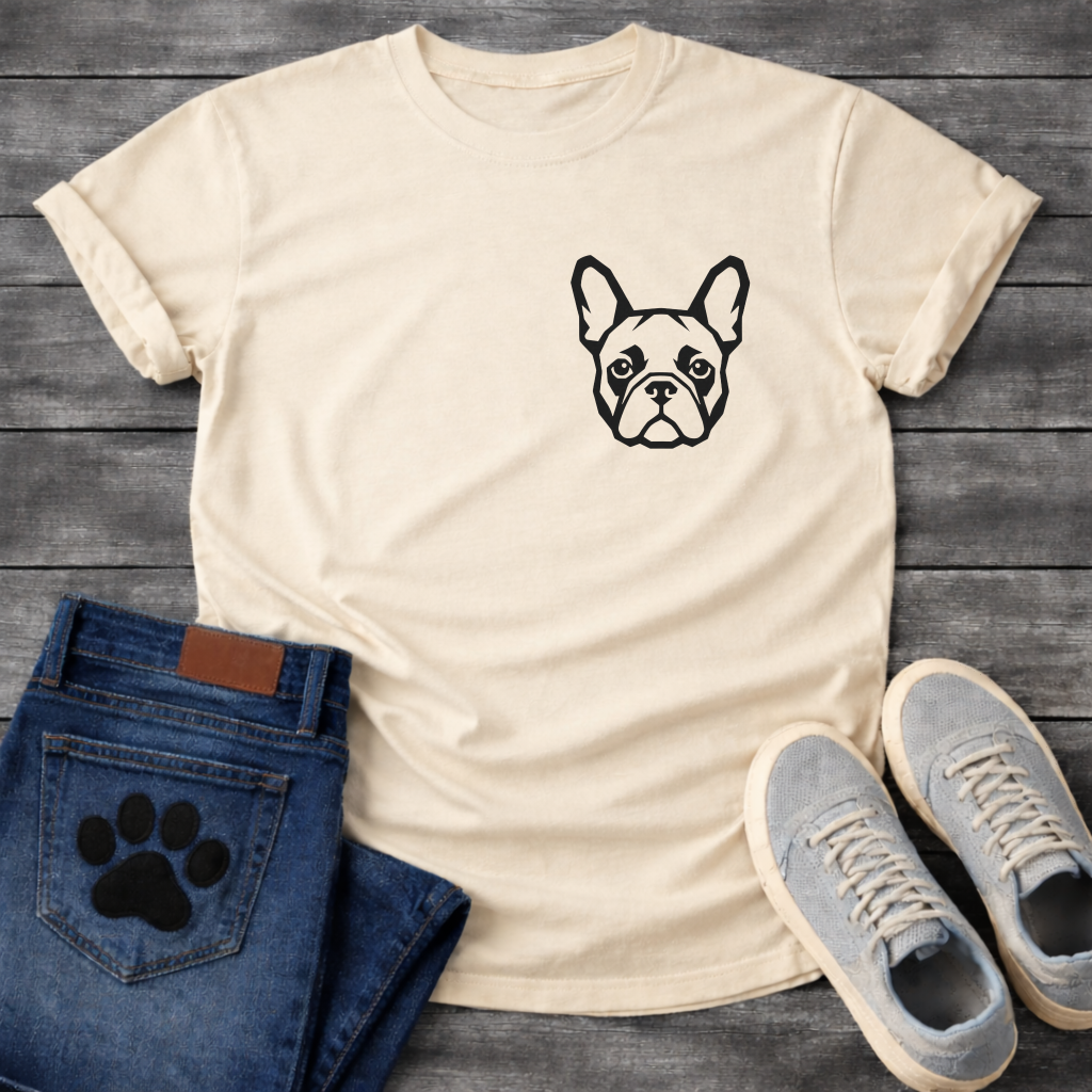 Bold Frenchie chest logo t-shirt white French Bulldog bat ears pet lover apparel