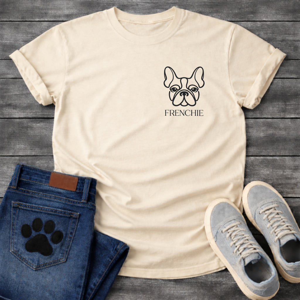 Frenchie face line art pocket t-shirt dark heather French Bulldog pet lover apparel