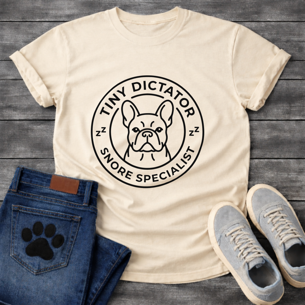 Tiny Dictator Snore Specialist French Bulldog circle badge t-shirt white funny dog shirt