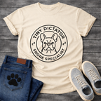 Tiny Dictator Snore Specialist French Bulldog circle badge t-shirt white funny dog shirt