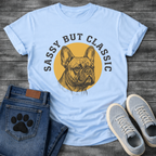 French Bulldog t-shirt with detailed engraving style Frenchie portrait centered in a gold circle, distressed collegiate arched text reading Sassy But Classic, black and gold two-color vintage graphic
