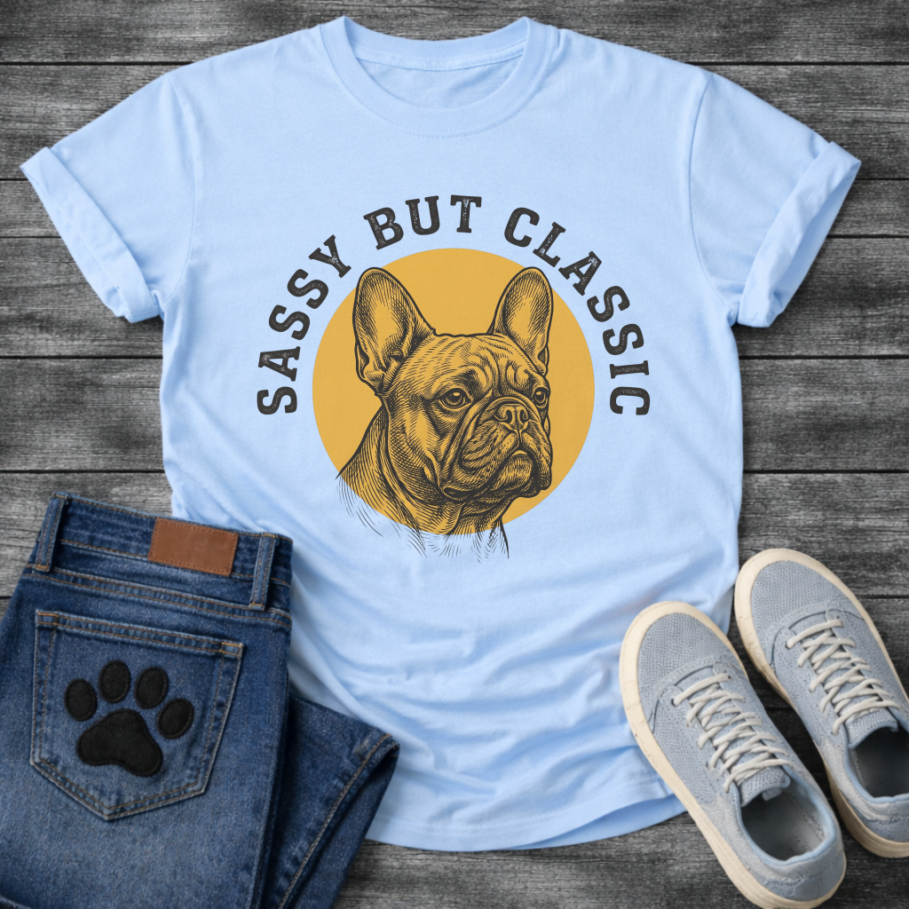 French Bulldog t-shirt with detailed engraving style Frenchie portrait centered in a gold circle, distressed collegiate arched text reading Sassy But Classic, black and gold two-color vintage graphic
