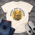 French Bulldog t-shirt with detailed engraving style Frenchie portrait centered in a gold circle, distressed collegiate arched text reading Sassy But Classic, black and gold two-color vintage graphic
