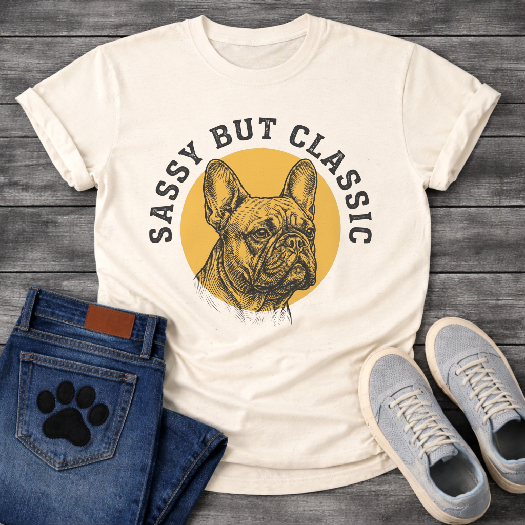 French Bulldog t-shirt with detailed engraving style Frenchie portrait centered in a gold circle, distressed collegiate arched text reading Sassy But Classic, black and gold two-color vintage graphic
