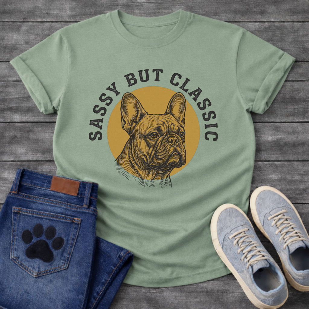 French Bulldog t-shirt with detailed engraving style Frenchie portrait centered in a gold circle, distressed collegiate arched text reading Sassy But Classic, black and gold two-color vintage graphic

