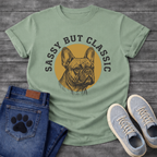 French Bulldog t-shirt with detailed engraving style Frenchie portrait centered in a gold circle, distressed collegiate arched text reading Sassy But Classic, black and gold two-color vintage graphic
