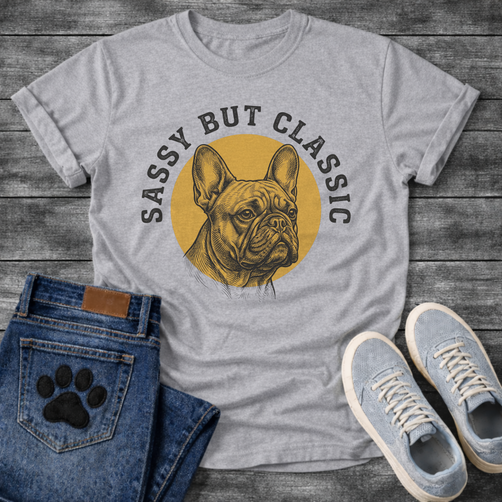 French Bulldog t-shirt with detailed engraving style Frenchie portrait centered in a gold circle, distressed collegiate arched text reading Sassy But Classic, black and gold two-color vintage graphic
