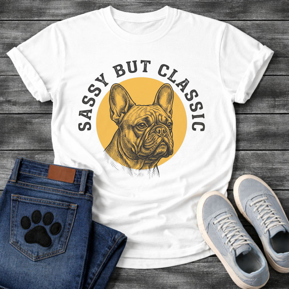 French Bulldog t-shirt with detailed engraving style Frenchie portrait centered in a gold circle, distressed collegiate arched text reading Sassy But Classic, black and gold two-color vintage graphic
