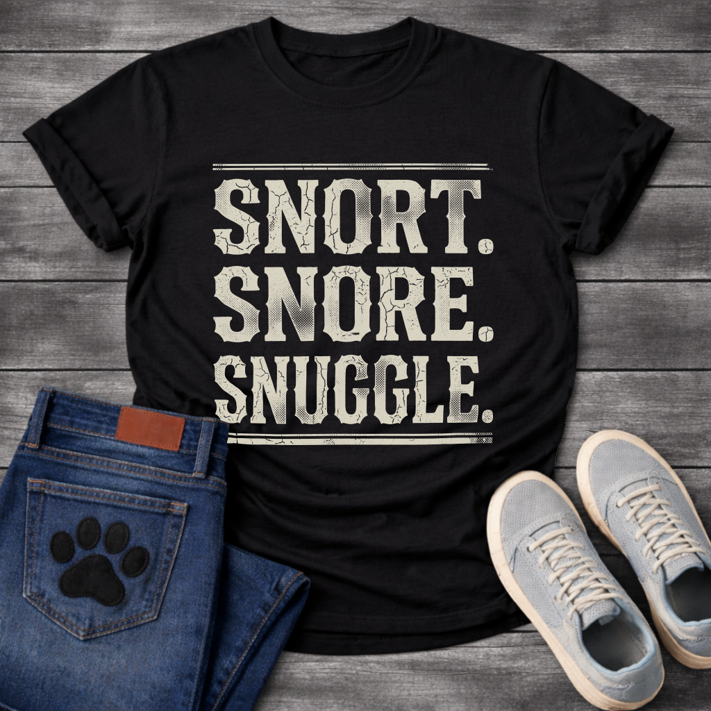 Snort Snore Snuggle bold vintage distressed typography graphic tee