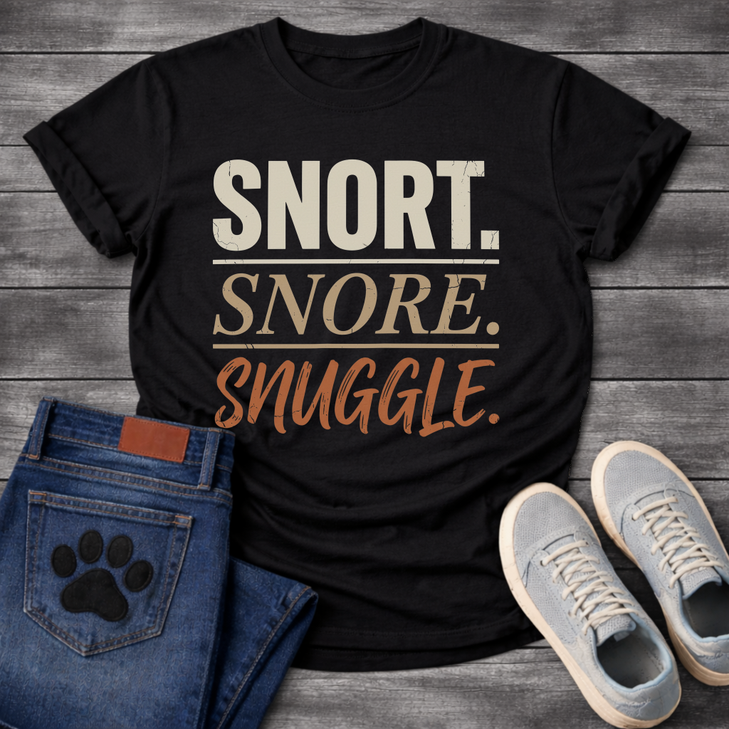 Snort Snore Snuggle bold distressed multi-tone typography graphic tee