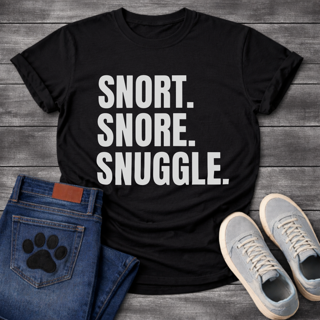 Snort Snore Snuggle bold white typography graphic tee on black