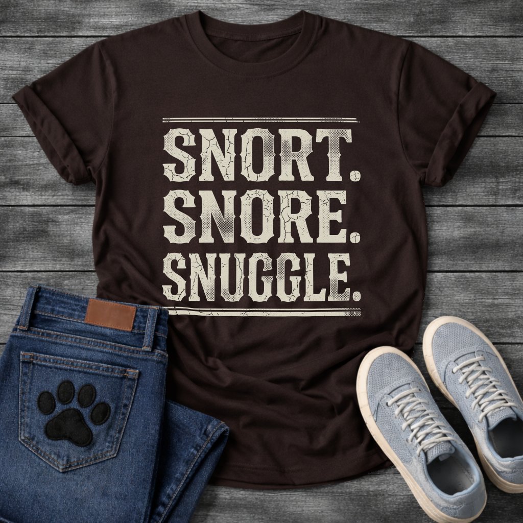 Snort Snore Snuggle bold vintage distressed typography graphic tee