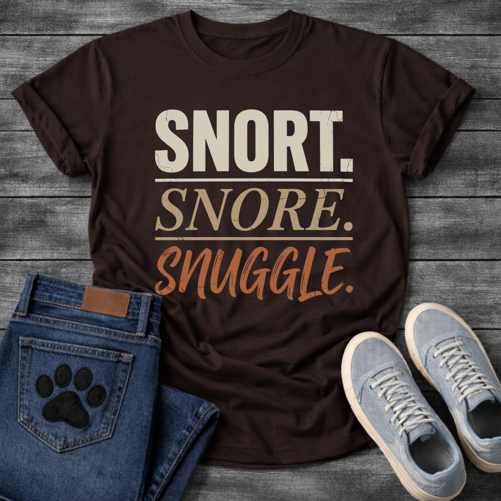 Snort Snore Snuggle bold distressed multi-tone typography graphic tee