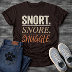 Snort Snore Snuggle bold distressed multi-tone typography graphic tee
