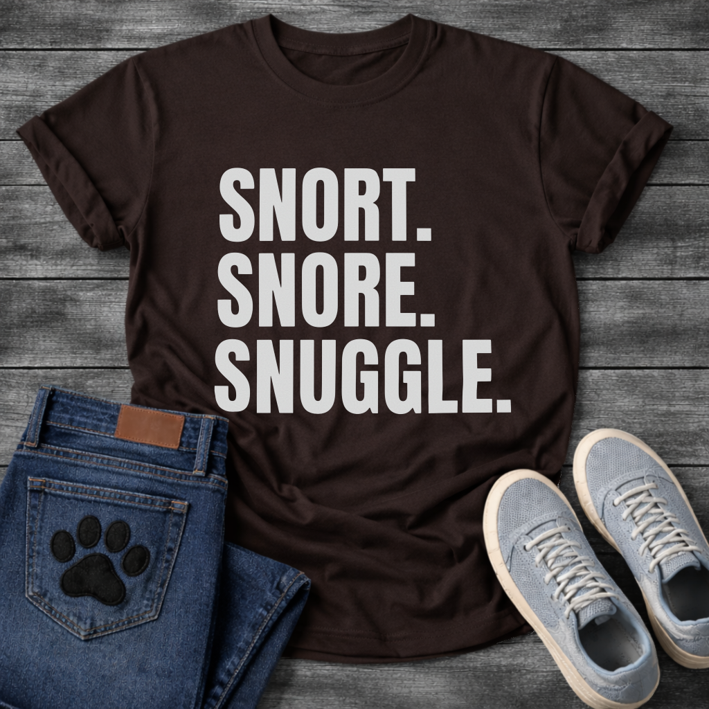 Snort Snore Snuggle bold white typography graphic tee on black