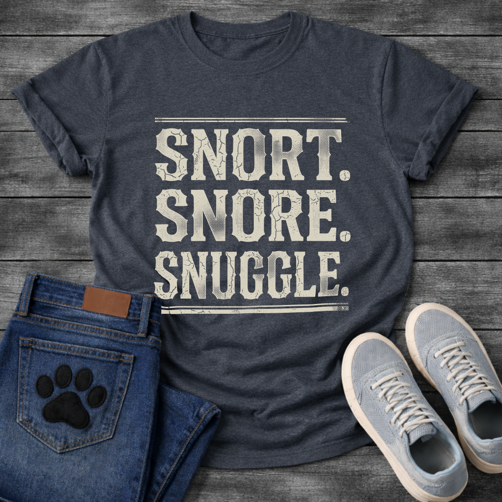 Snort Snore Snuggle bold vintage distressed typography graphic tee