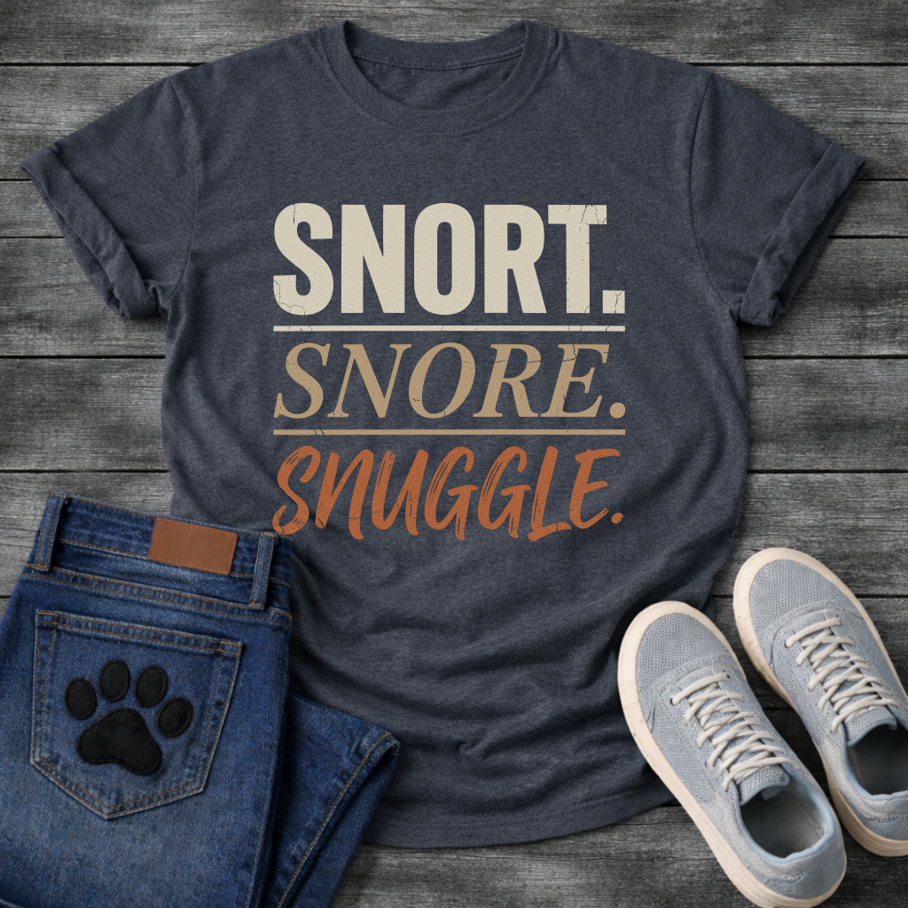 Snort Snore Snuggle bold distressed multi-tone typography graphic tee
