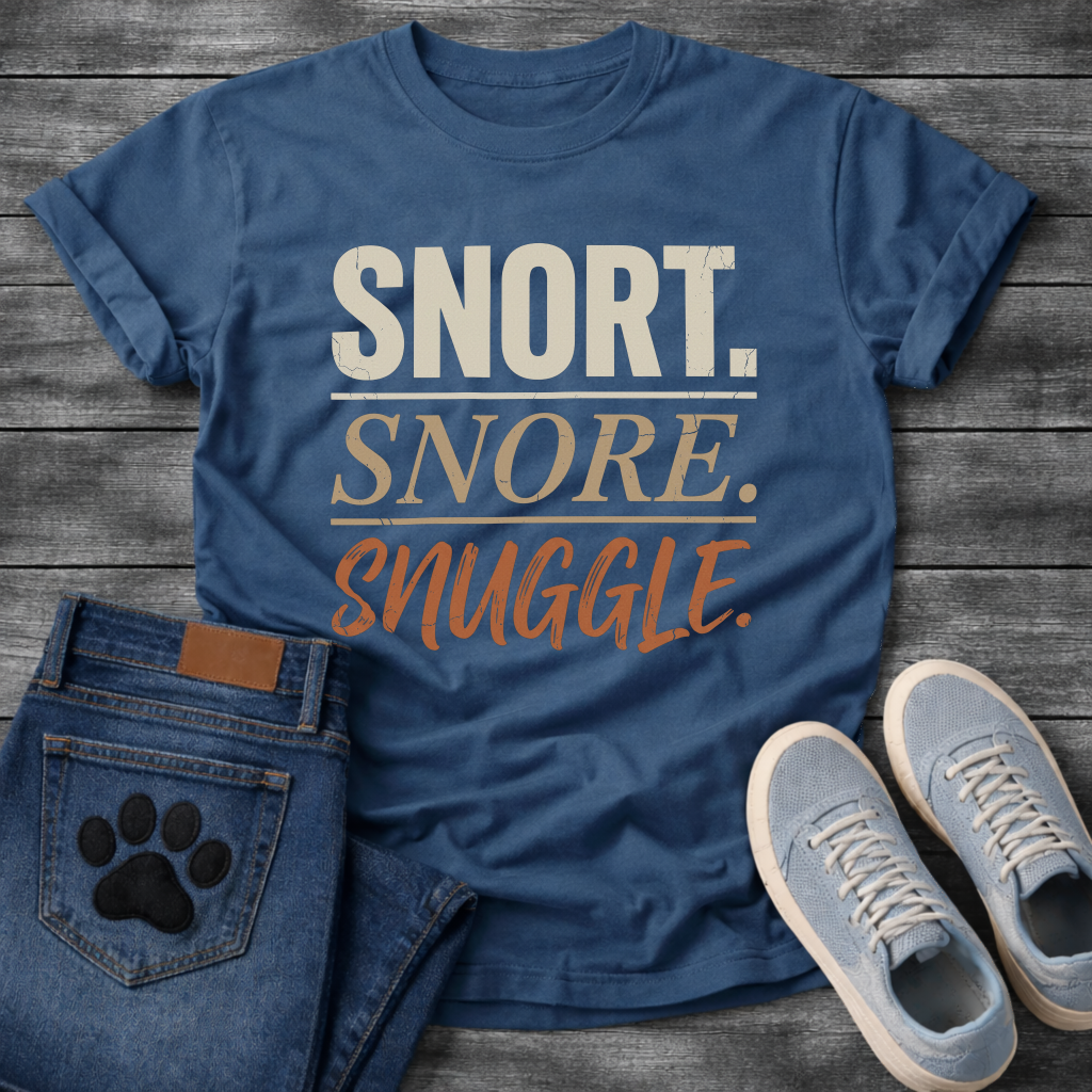 Snort Snore Snuggle bold distressed multi-tone typography graphic tee