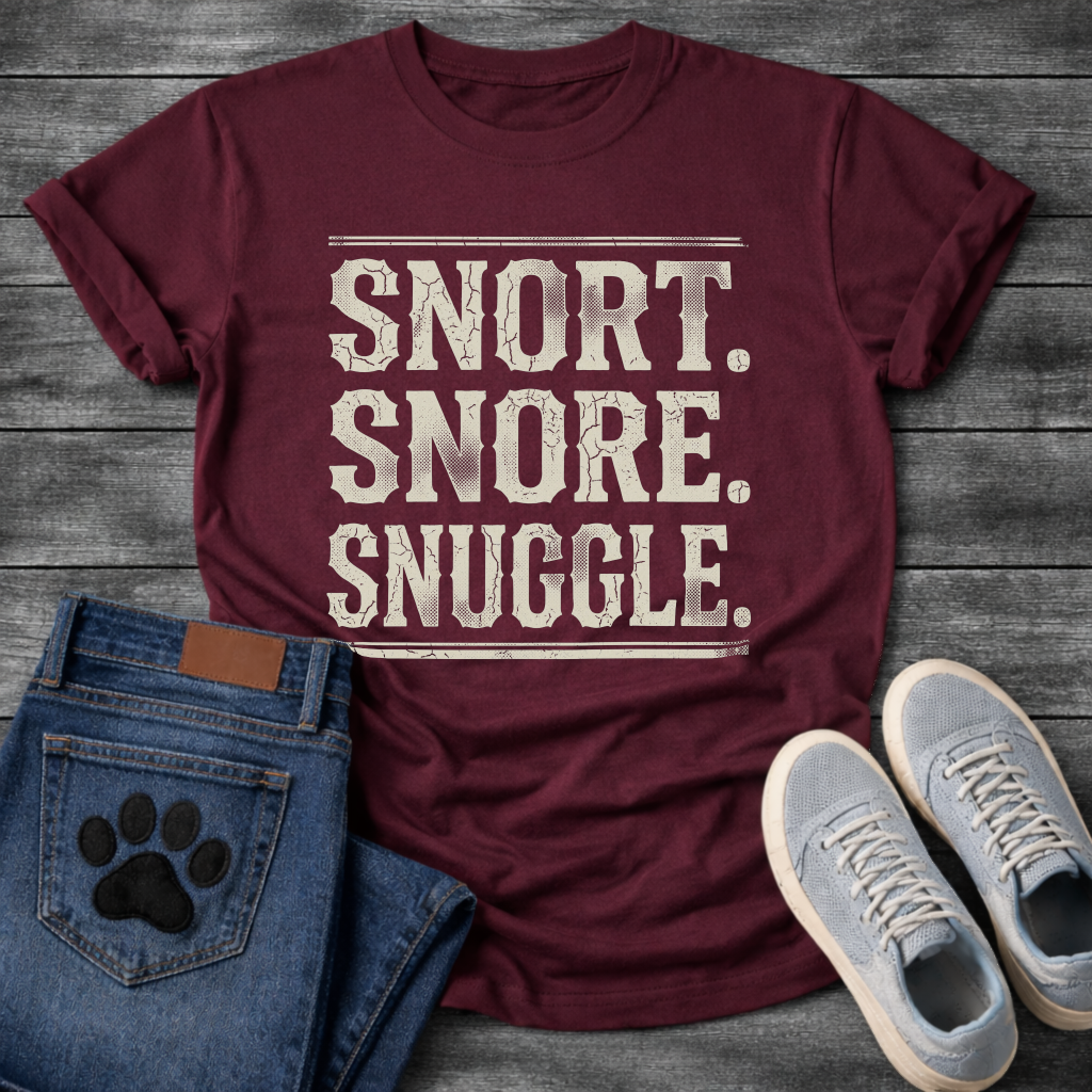 Snort Snore Snuggle bold vintage distressed typography graphic tee