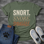Snort Snore Snuggle bold distressed multi-tone typography graphic tee