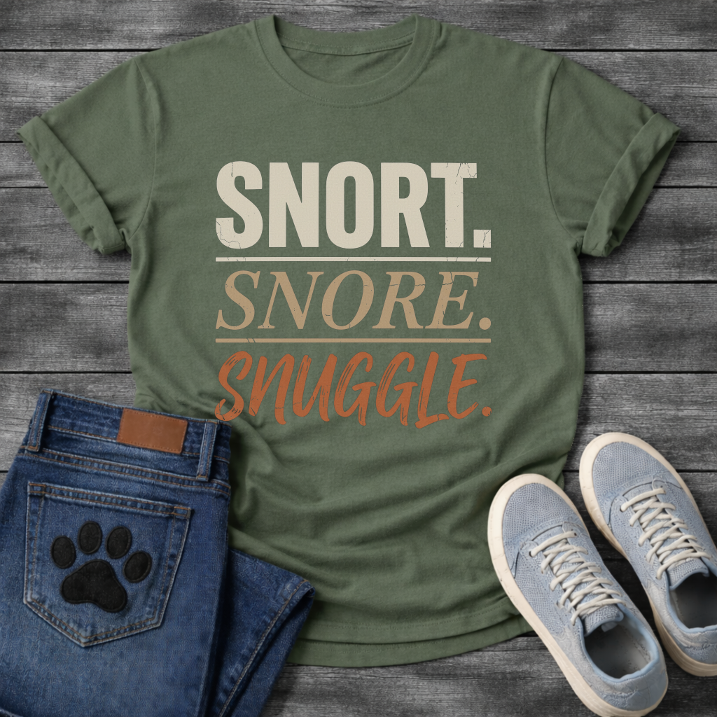 Snort Snore Snuggle bold distressed multi-tone typography graphic tee