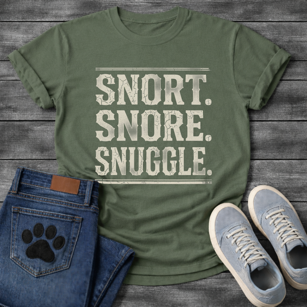 Snort Snore Snuggle bold vintage distressed typography graphic tee