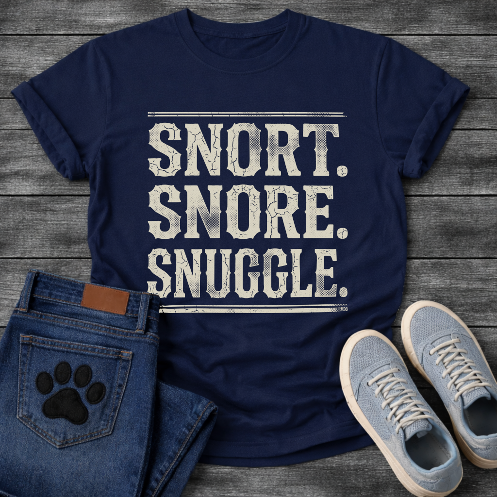 Snort Snore Snuggle bold vintage distressed typography graphic tee
